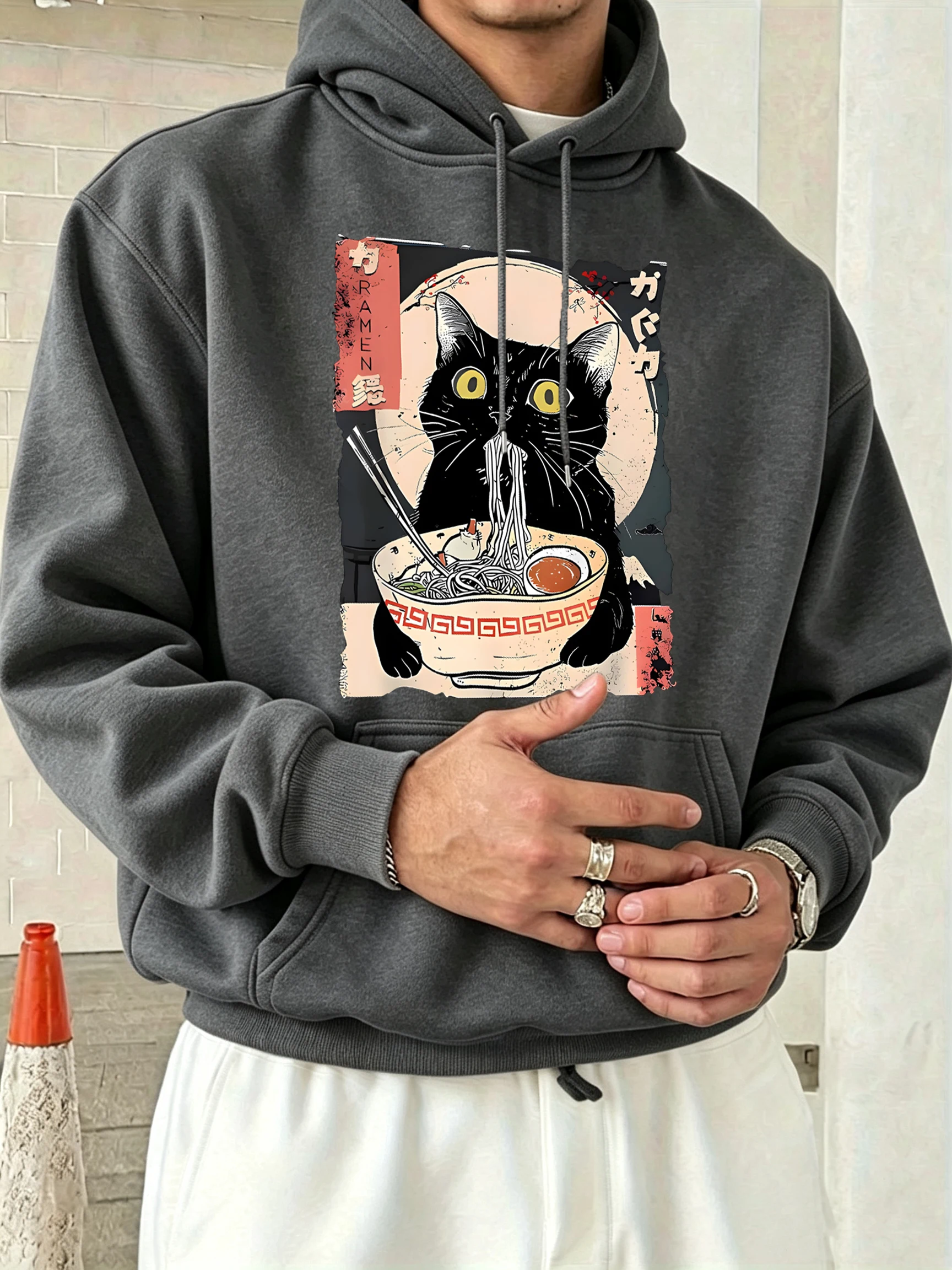 Cat Likes To Eat Noodles And Daydream Prints Hoody Men Fleece Loose Pullover Autumn O-Neck Sportswear Colour Casual Long Sleeve