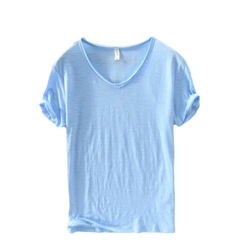 2026 New Mens T Shirt Pure Color V Collar Short Sleeved Tops Tees Men T-Shirt Slim Man Bamboo Fiber T-Shirts Fitness Male Clothe