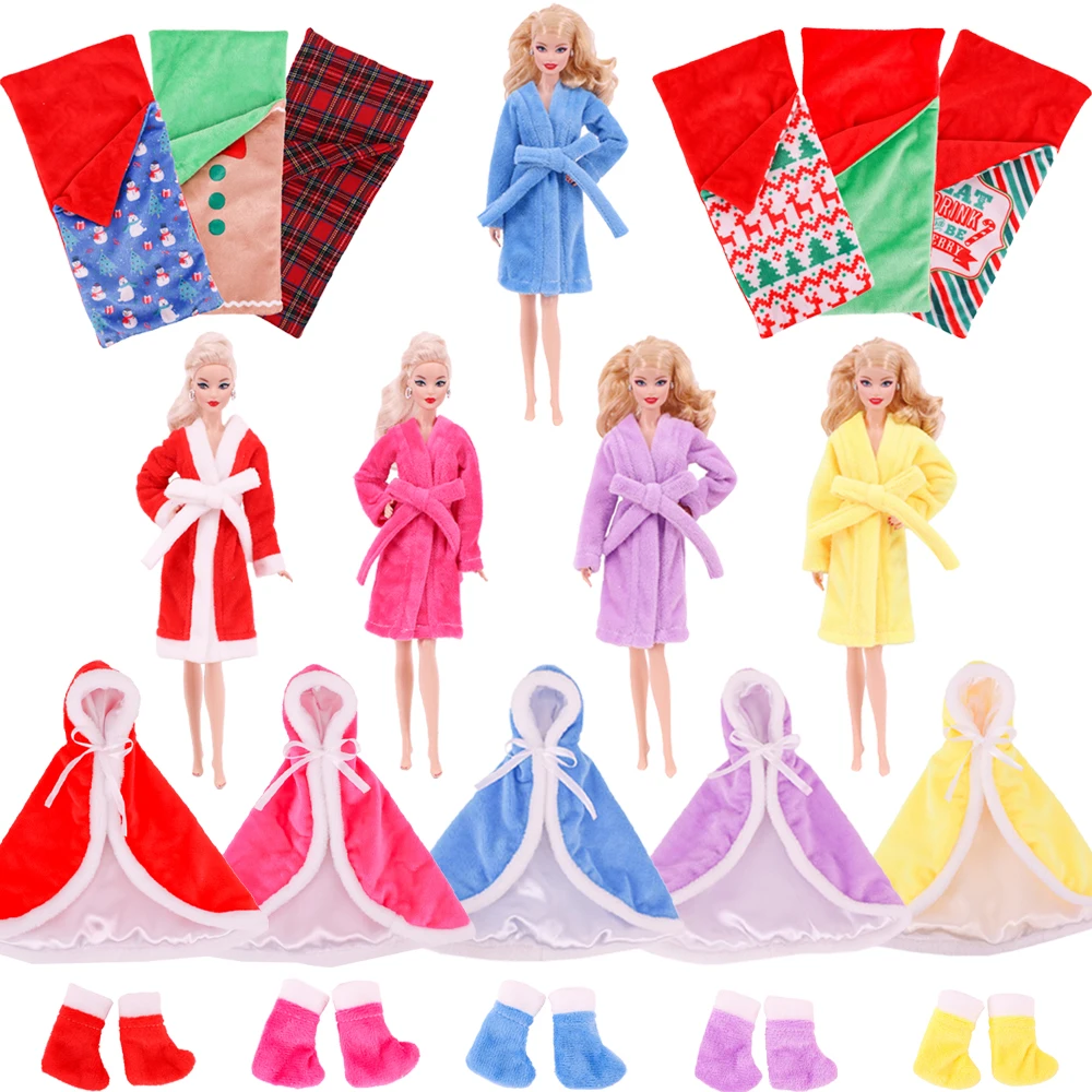 Barbies Clothes Plush Tie Pajamas+Socks,Christmas Accessory Santa Cloak For 11.8'',30Cm Elf Doll Clothing ,Girl's Birthday Gift