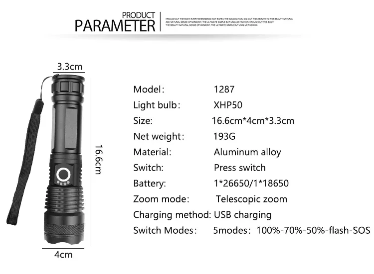 Lampe de poche LED haute puissance P160, torche tactique de poche, étanche, Rechargeable par USB, avec batterie 18650