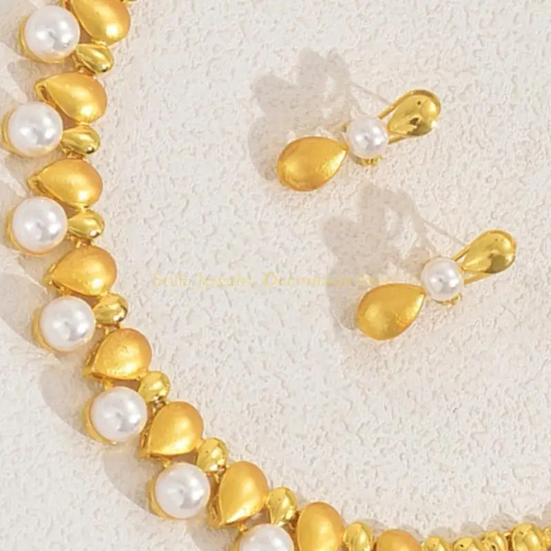 d46e اللؤلؤ سوار قلادة الأقراط حلقات المجوهرات مجموعة ملحقات عصرية