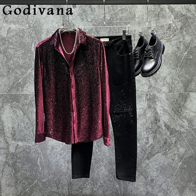 

Осень-зима 202, новая бархатная мужская тонкая модная рубашка с длинным рукавом, однотонные универсальные индивидуальные топы с отложным воротником