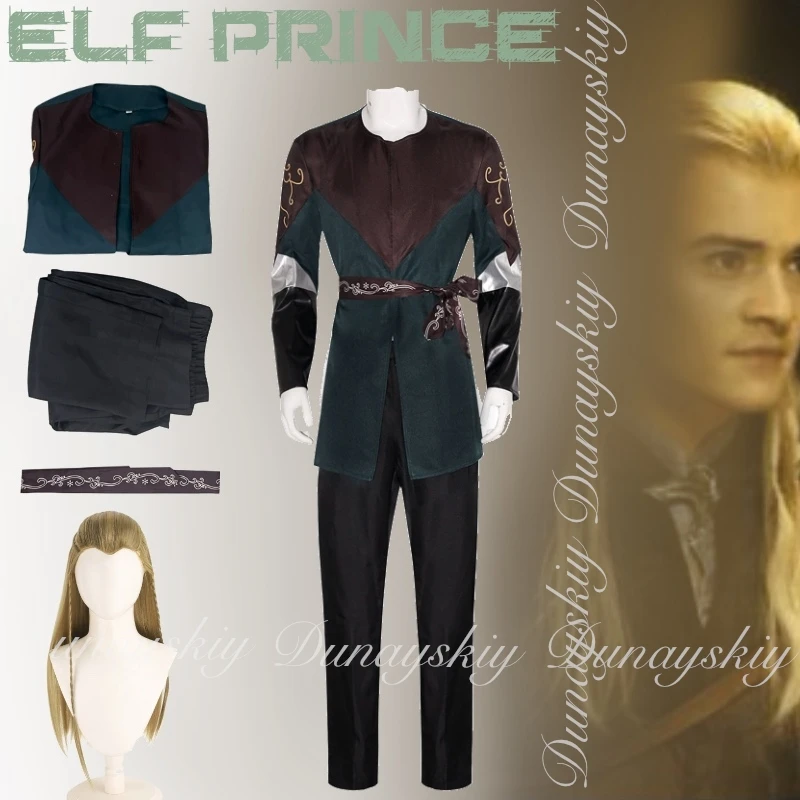 El Señor de los Anillos Legolas Greenleaf Cosplay Elfo Príncipe Vestido Oscuro Peluca Rubia Disfraz Completo de Halloween