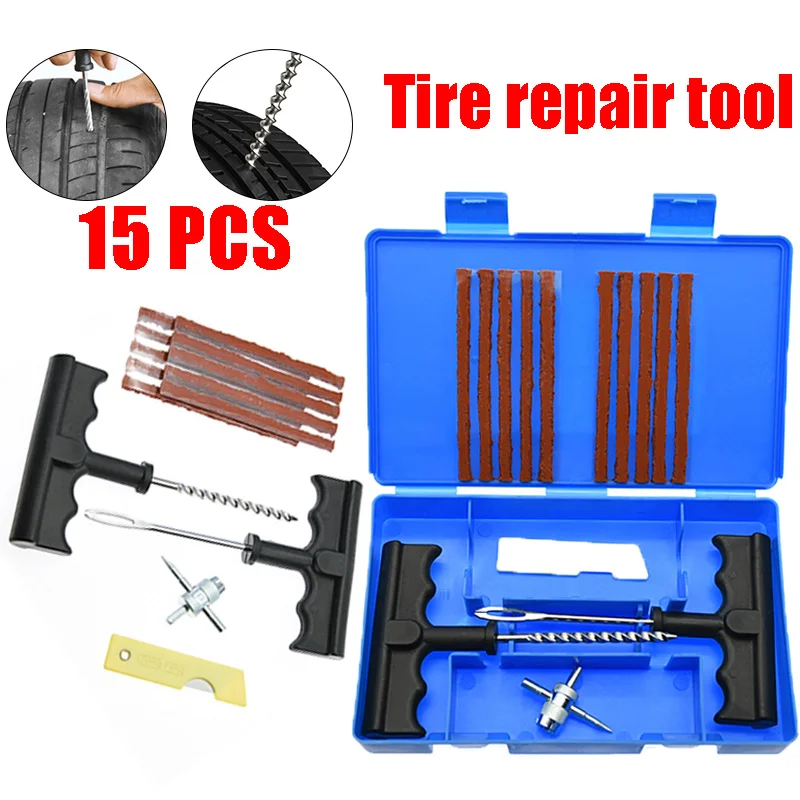 15pcs Auto Tire Repair Set Puncture Repair Tools Car Van Motorcycle Bike Emergency Heavy Duty Tubeless Tire Repair Rivet Set