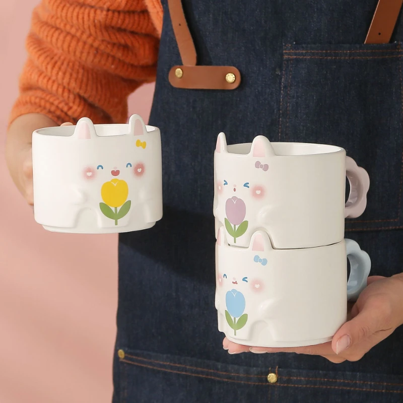 Cartoon Little Rabbit Ceramic Mug Creative Stacked Cups High Beauty Office Coffee Cup with Hand Gift Couple Mugs Birthday Gift