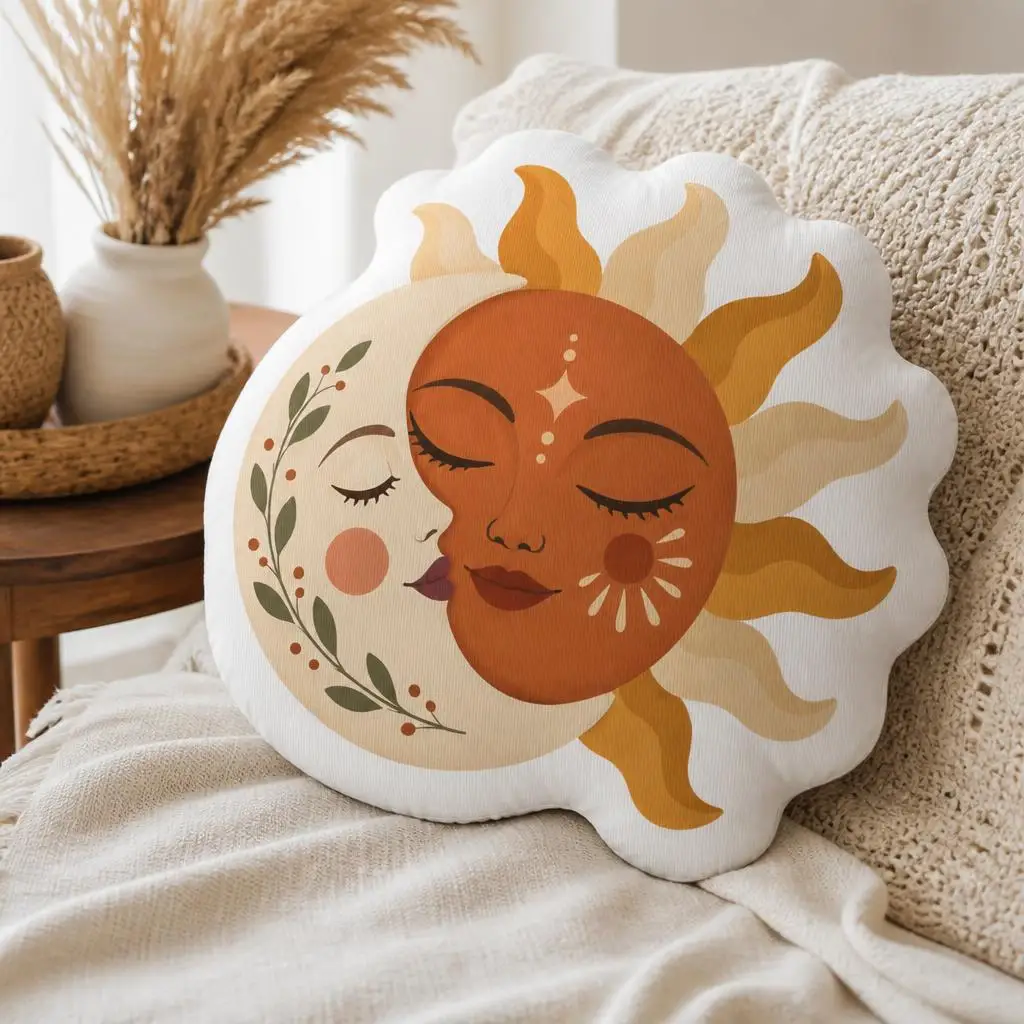 Sun and Moon Embrace Shaped Throw Pillow Celestial Boho Cushion Stuffed Floor Pillow for Sofa Bedroom Home Decor Gift Art