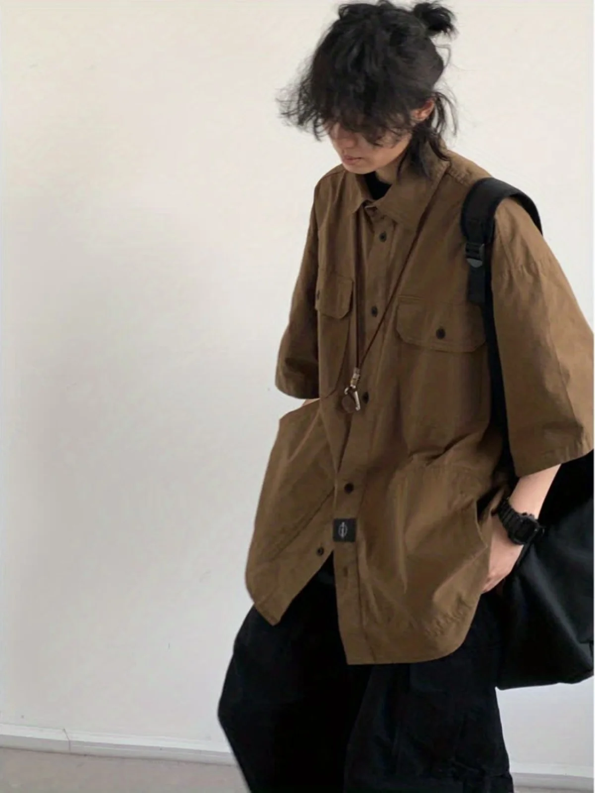 

Summer Japanese Retro ort Sve irt Men's Women's Basic Thin Outerwear Coffee Color Workwear irt Youth ular Loose Fit