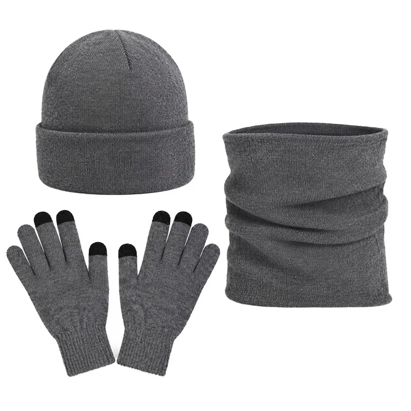 Knitted Hat Scarf Gloves Three Piece Set Acrylic Velvet Cold Proof Neck Cover Thermal Hat Gloves Set Men Women Winter Warm