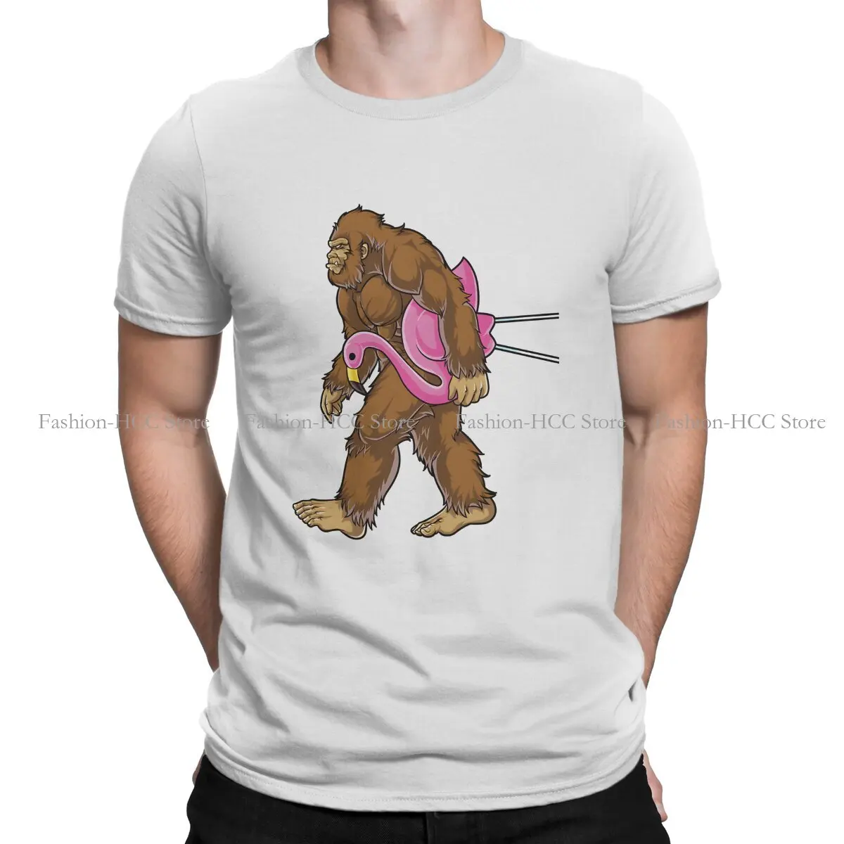 

Bigfoot Carrying Lawn Flamingo Sasquatch Tees Newest Polyester TShirts Animals Male Harajuku Streetwear T Shirt Round Neck