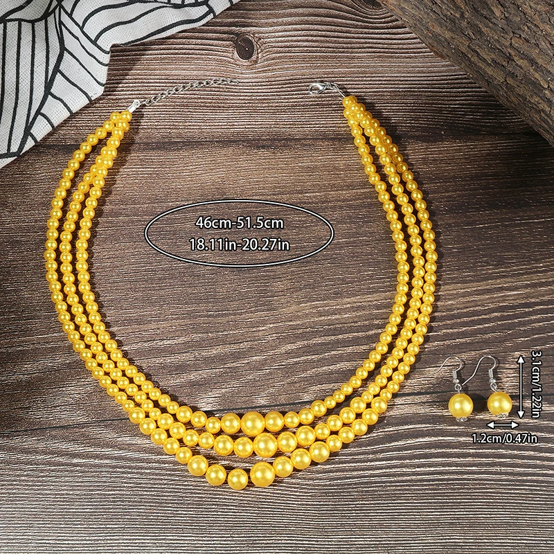 1set Three Layer Imitation Pearl Jewelry Set Party Orange Yellow Necklace Earrings For Women African Necklace Earrings S