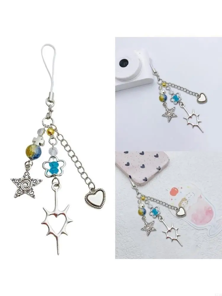  Beaded Phone Lanyard Heart Crucifix Flower Keychain Handmade Cellphone Lanyard Stylish Pendant for Bags and Cameras