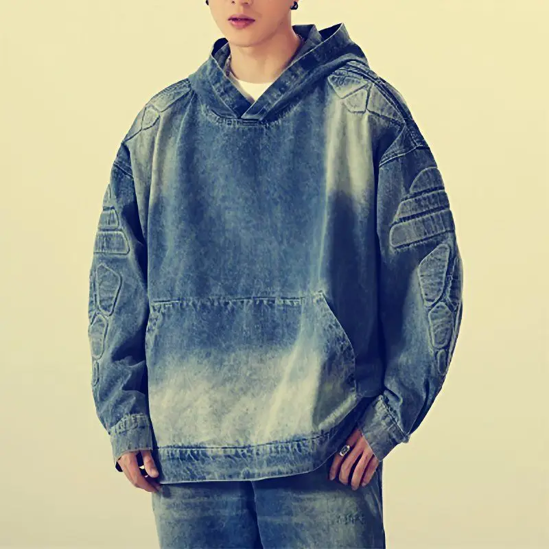 

American Style Men's Hooded Denim Jacket Vintage Distress Washing Armor Jacket Younth Niche Oversized Personalized Streetwear