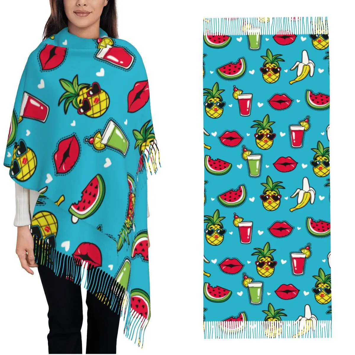 Holiday Pineapple Watermelon Banana Shawl Wrap for Women Warm Large Long Scarf Hippie Style Neckerchief Shawl Scarves