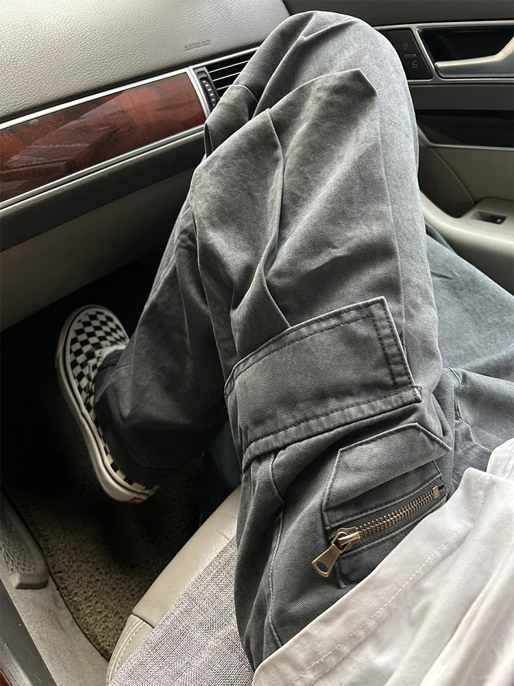 

Мужские повседневные брюки в американском ретро-стиле, темно-серые, прямого кроя, осенне-зимние, модные, в стиле High Street, грязеотталкивающие