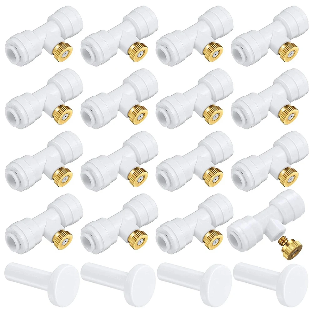 16 Pieces Brass Misting Nozzles Kit Atomizing Nozzle Kit 0.4 mm Orifice 2 Points 1/4 Inch Lock Misting Nozzles