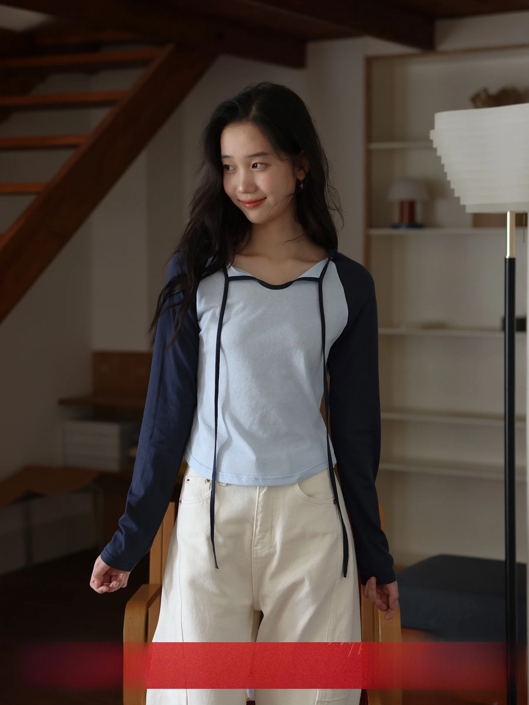 

MUNNS Color Blo Long Sve T-irt Waist Cinching Belted Commute Sle Autumn New Vintage Women's Base Layer Top