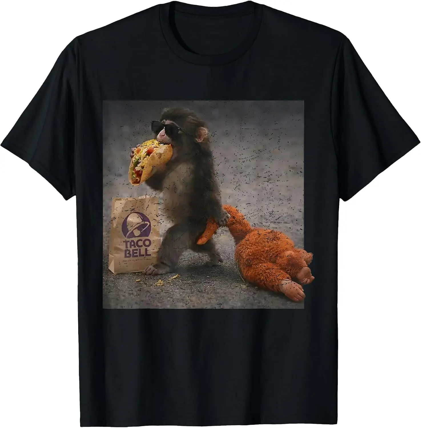 Funny Baby Monkey Punch Eating Taco Bell T-Shirt Men Casual Graphic Print T‑Shirt Crew Neck Short Sleeve Vintage Street Style Soft Fabric Daily Wear Tops. Holiday Festive, Party Wear, Theme Print Tee.