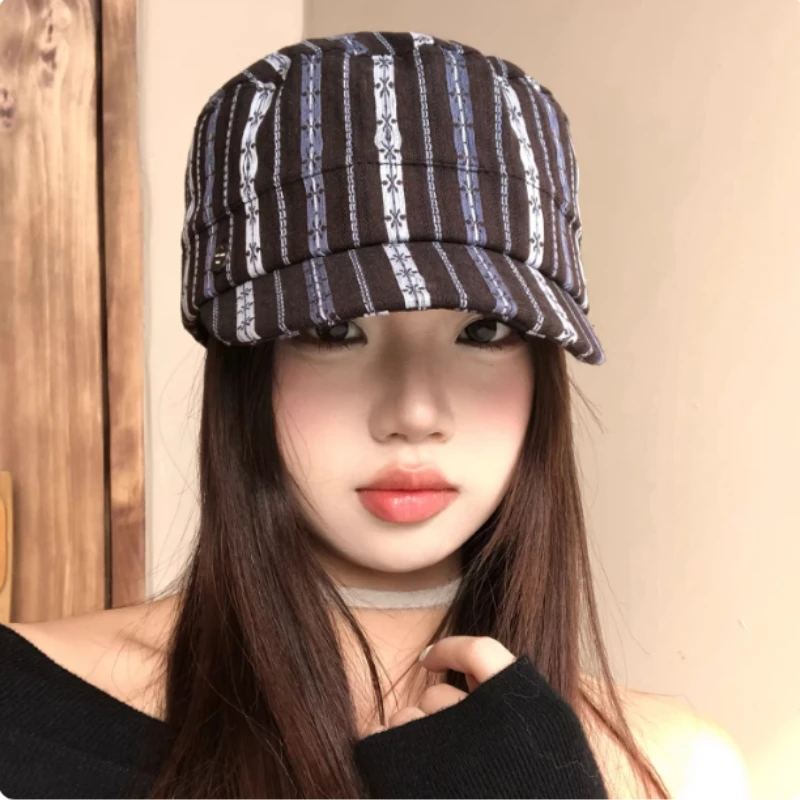 

Корейская версия ретро-шляпы в этническом стиле с полосками, модная весенне-осенняя кепка-берет с плоским верхом для женщин