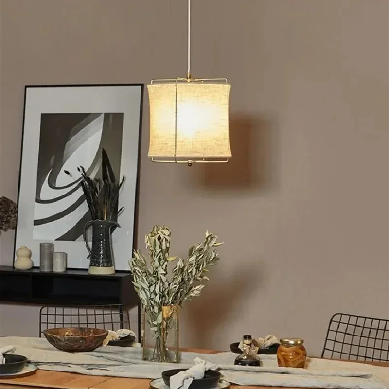 Retro Handmade Pendant Lamp Linen Fabric Pendant light for Bedroom Restaurant Hotel Living room Wabi Sabi Style Chandelier image 3