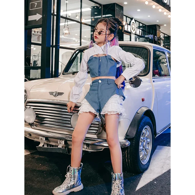 

ZZL Urban Street Jazz Dance Children's Clothes K-pop Stage Outfits Blue White Fashion Cool Clothes for Girls Y2K Runway Show