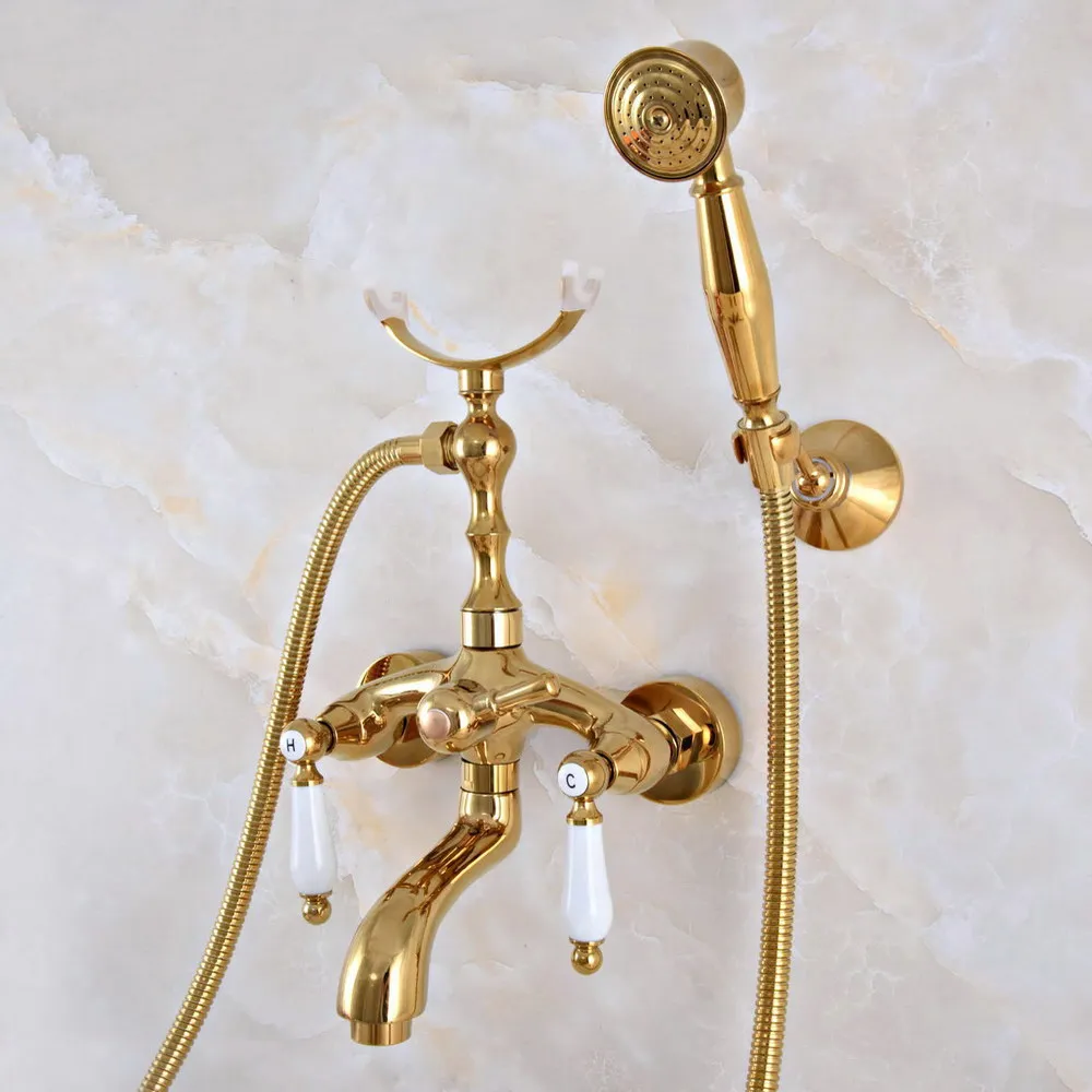 

Contemporary Golden Brass Wall Mounted Bathroom Bathtub Faucet Set with 150CM Hose Handheld Shower Spray Head Mixer Tap Dna955