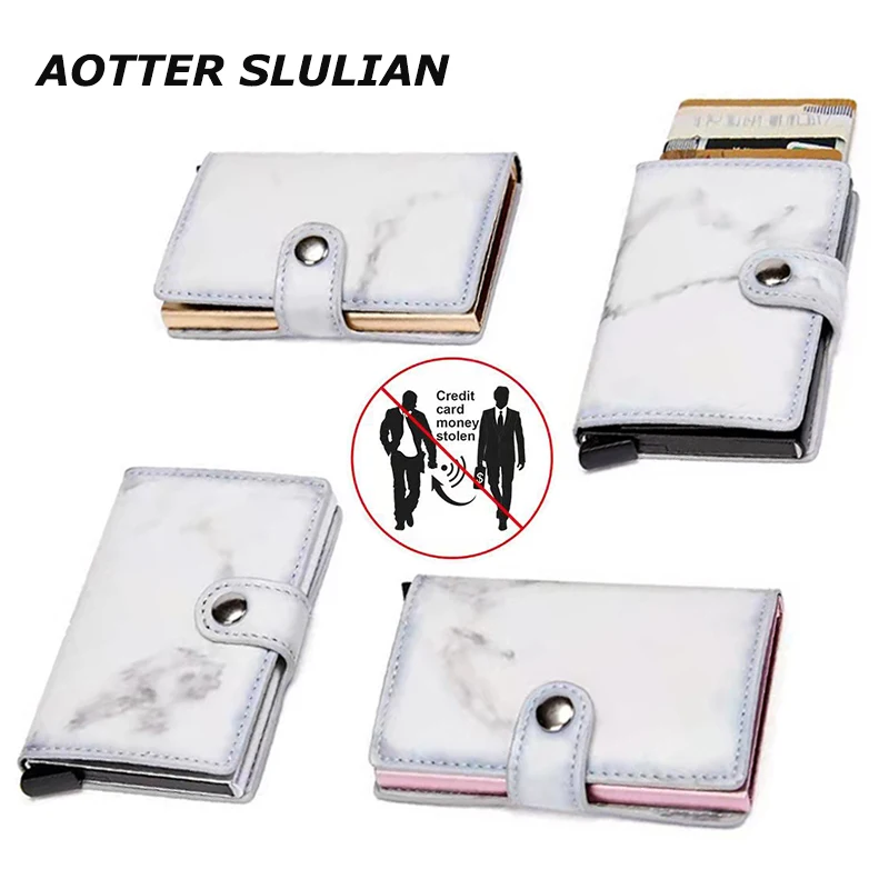 Rfid Blocking PU Card Holder Women Men Automatically Business Bank Card Case With Money Clips Aluminum Alloy Credit Wallet Box