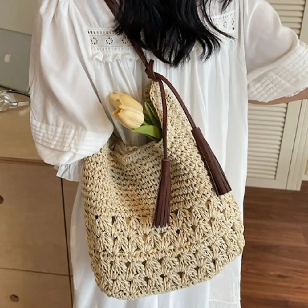 

New Causal Straw Woven Bag Large Capacity Woven Shoulder Bag Spring Summer Travel Weave Tote Bag