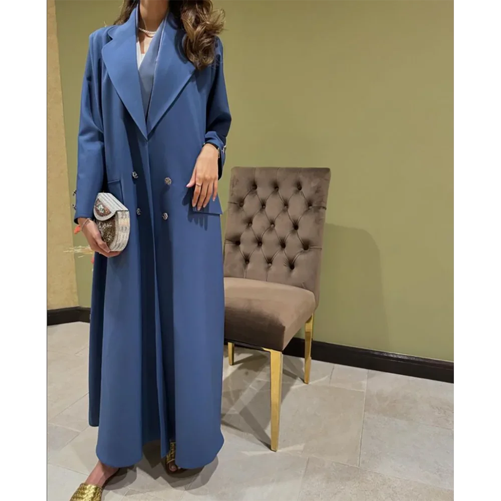 High-end Blue Double Breasted Women Long Jacket Elegant Female Daily Coat Formal Ankle Length Dress Abaya