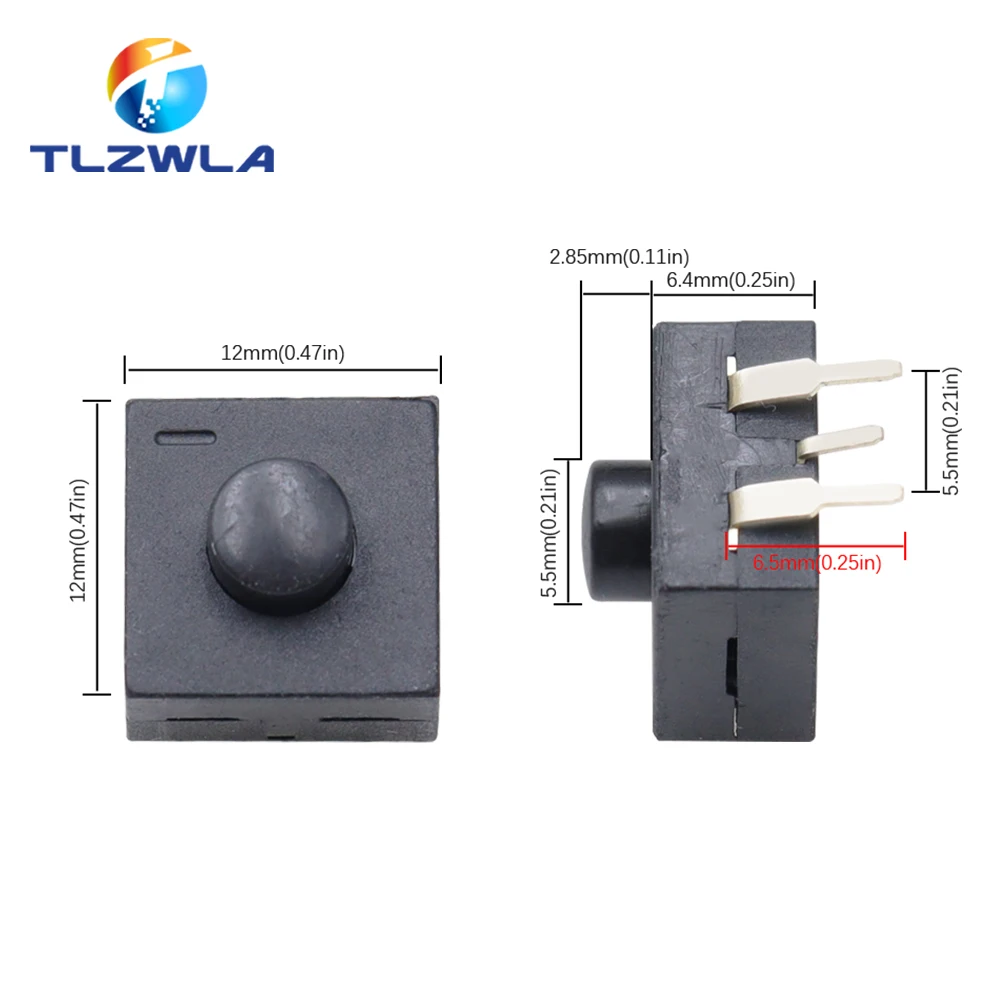 10PCS DC 30V 1A 3Pin Black Mini Push Button Switch For Electric Torch 3P Curved 2 On 1 Off Flashlight Switchs