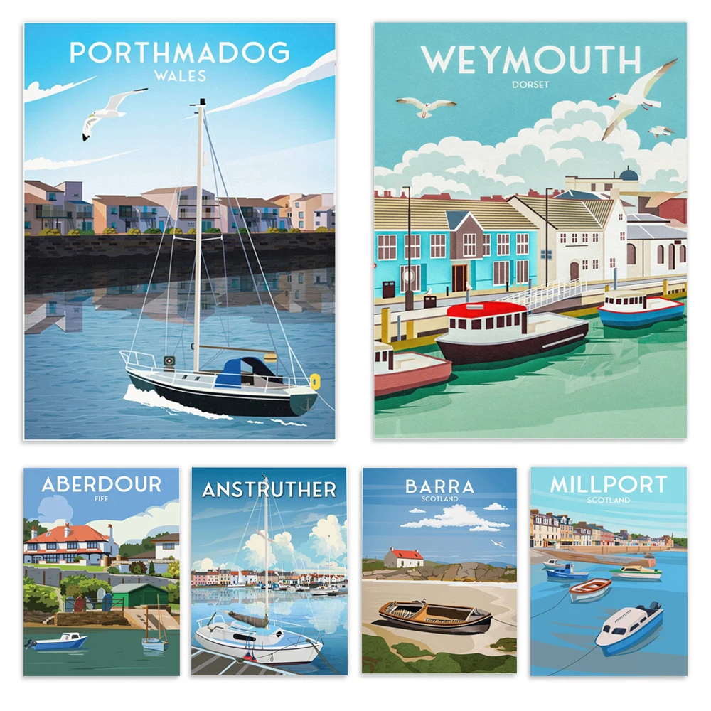 Aberdore, harbour, Weymouth, St Monans, Millport, seaside beaches, Barra, Islay, Dunnet Head, Fife East Newark travel poster