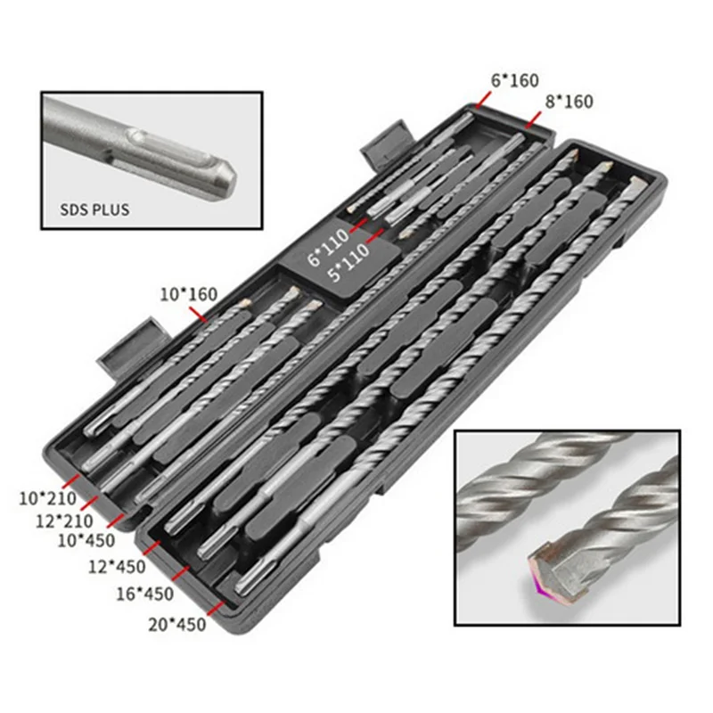 11-piece SDS Plus Rotating Hammer Drill Bit Set, Cross-shaped Hard Alloy Tip, Heavy-duty Concrete Brick and Stone Drill Bit