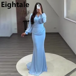 Eightale Customized Sky Blue Mermaid Chiffon Evening Dress Plus Size High Waist Puff Sleeve Prom Dress For Wedding Party