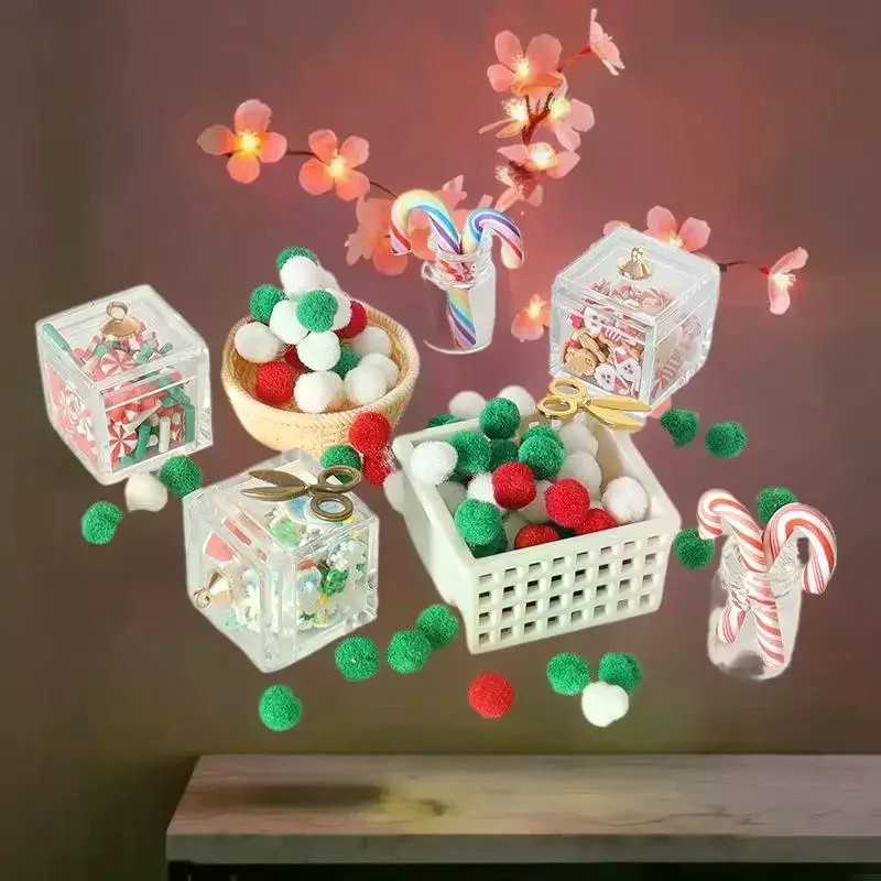 ชุดตกแต่งบ้านตุ๊กตา DIY แบบจำลอง ขนมคริสต์มาส ไม้เท้าหวาน ฉากกรรไกร และตะกร้า