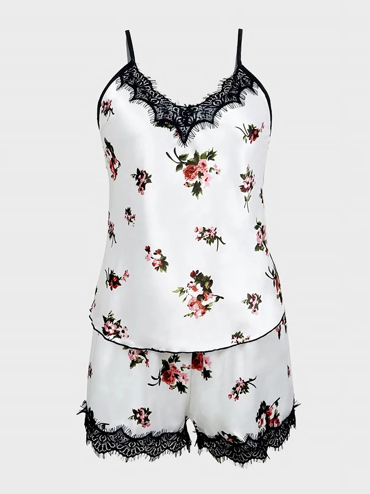 Women Pajamas Sleepwear 2pcs/set Nightgowns Camisole and Shorts White Floral Printing Summer Soft Comfortable Pijamas Lingerie