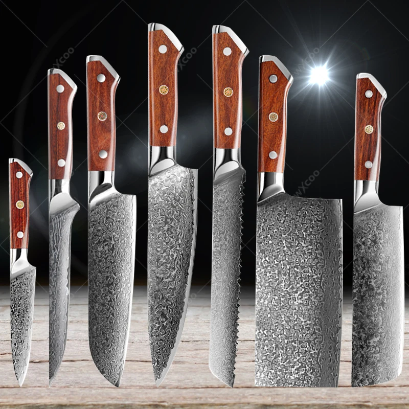 

Damascus Steel Kitchen Knives Set VG10 Sharp Japanese Slicing Knife Butcher's Boning Knife Meat Cleaver Household Fruit Knife