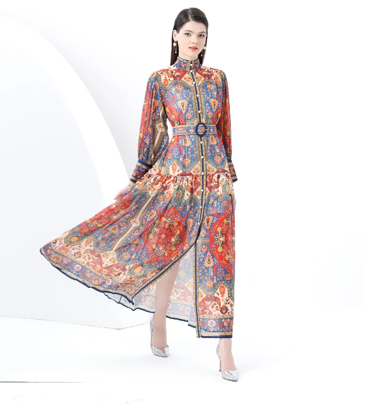 ZAROY Vintage Boho imprimé lanterne manches Maxi robe Buton-up a-ligne imprimé ceinturé luxe longue robe élégante fête robes לה