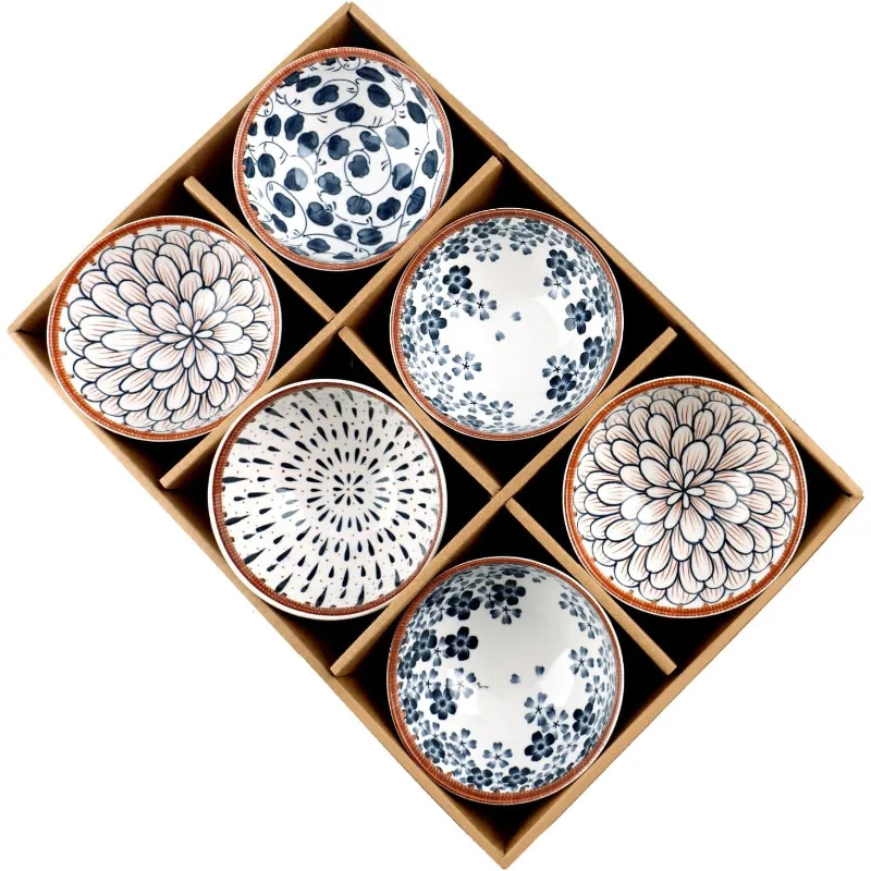 6Pcs Hand-Painted Japanese Ceramic Rice Bowls Set, Porcelain Multipurpose Bowls for Soup Cereal Noodle Fruit Dessert Snack, Packed in Elegant Gift Box