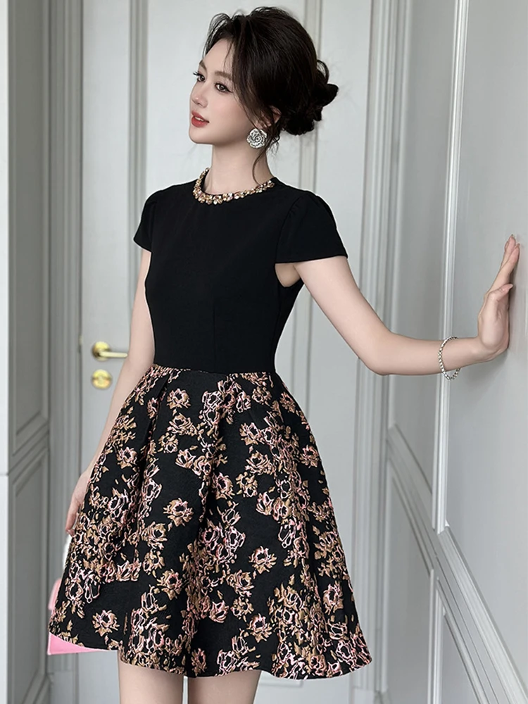 เสื้อผ้าผู้หญิงสีดำแจ็คการ์ด O-คอสลิมเอ-ไลน์มินิชุดสั้นหรูหราแฟชั่นปาร์ตี้พรหมชุดเดรสโอกาสที่เป็นทางการใหม่