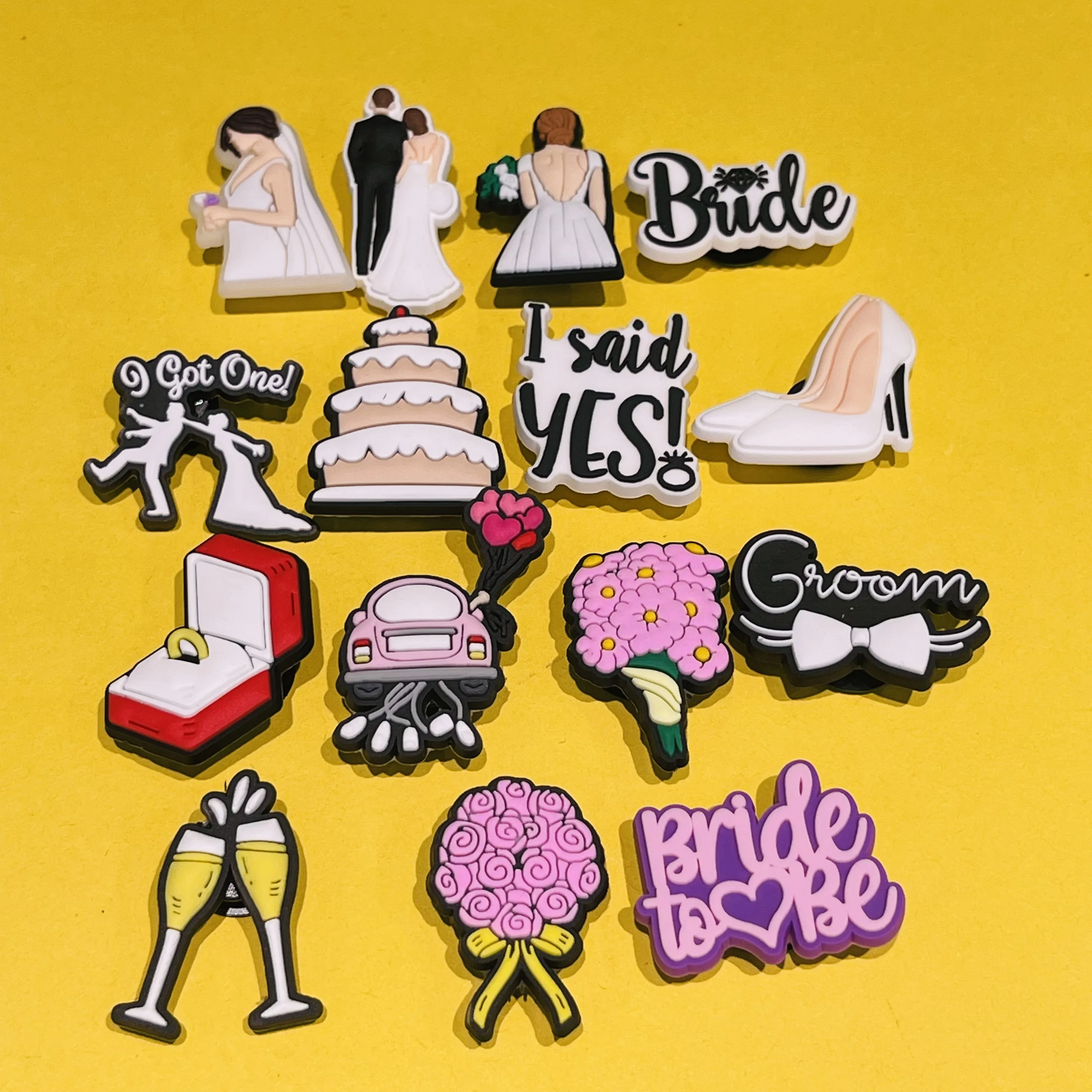 New Arrival 1-15Pcs Groom Bride To Be PVC Wedding Garden Shoe Buckle Charms DIY Clogs Accessories Fit Adult Bracelet