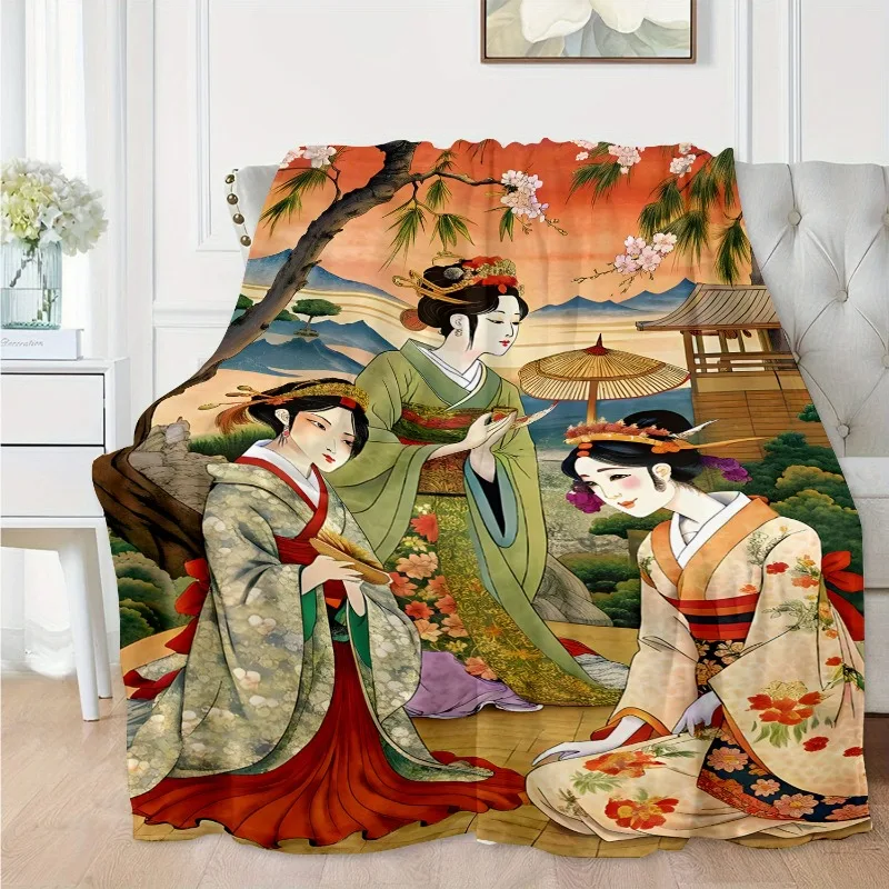 Japanese Geisha Floral Landscape Print Flannel Blanket - Throw for Sofa, Bed, Travel & Home Decor, Art Contemporary Style