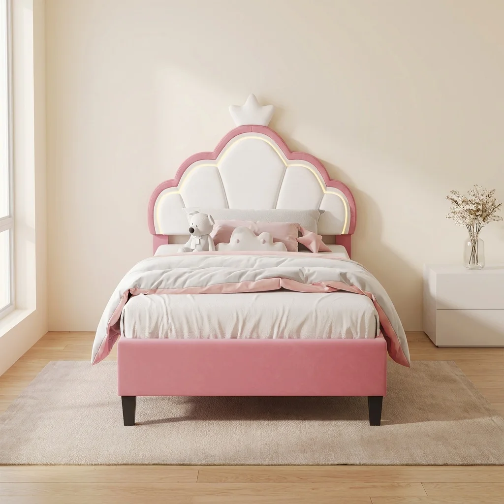 Cadre de lit pour enfants Anajqaqia, revêtement rose, 90 × 190 cm, lit simple, avec tête de lit en forme de couronne de nuages ; lit simple de style princesse, idéal pour la chambre d’enfant.