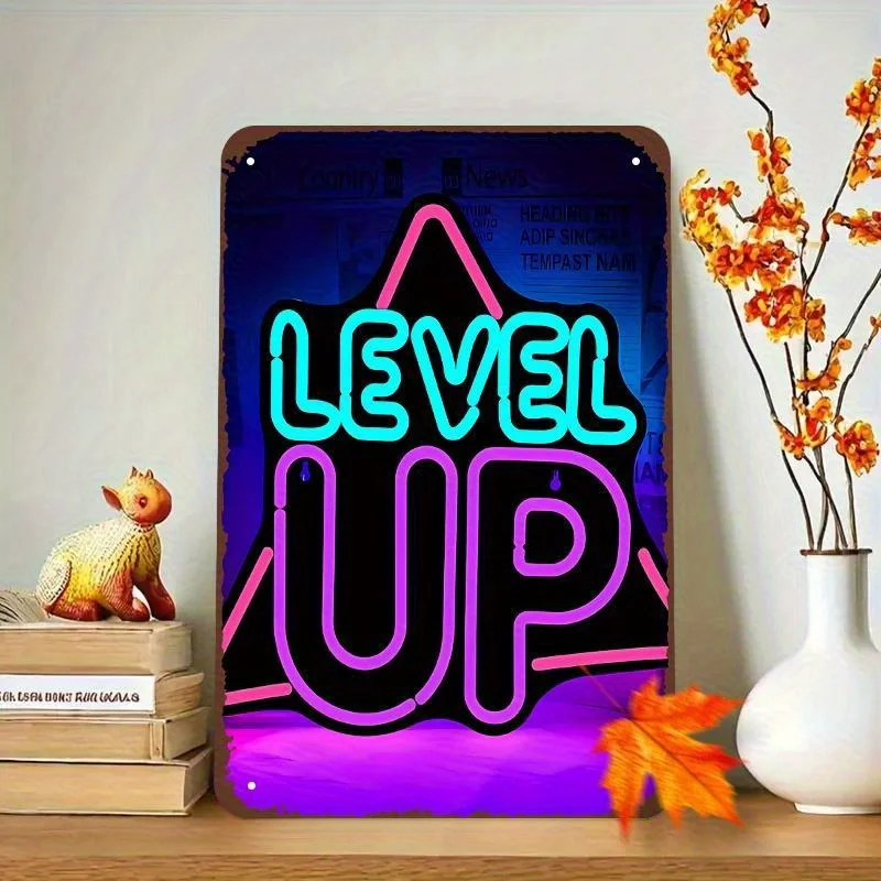 LEVEL UP Metal Sign - Neon Retro Gaming Wall Decor, Durable Iron with Polished Finish, Easy to Mount, Multi-Color R