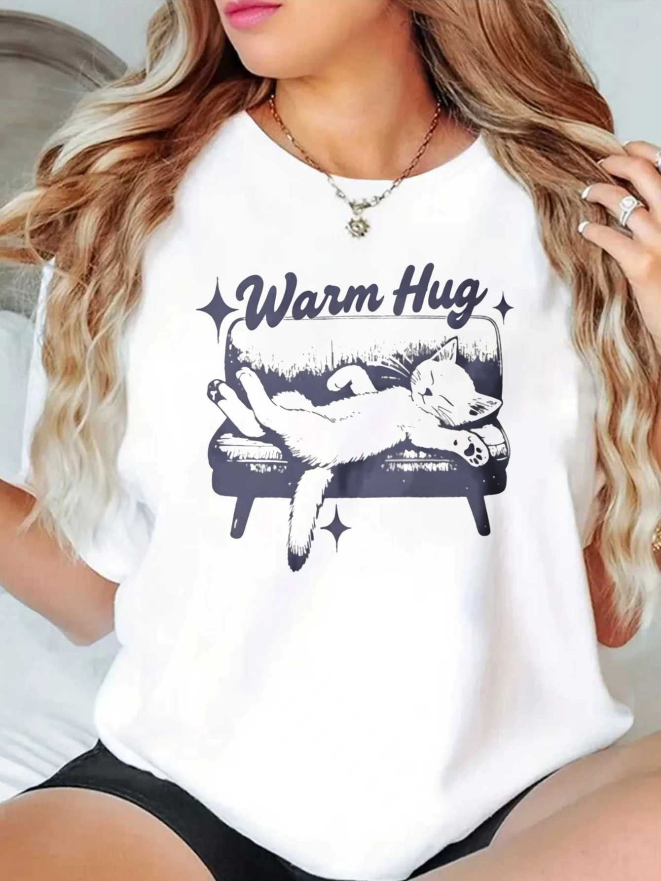 Women'S Clothing Fashionable and Versatile Warm Hug Cat Couch Star Harajuku Sleeve Casual Clothing Street Tops Aesthetic Clothes
