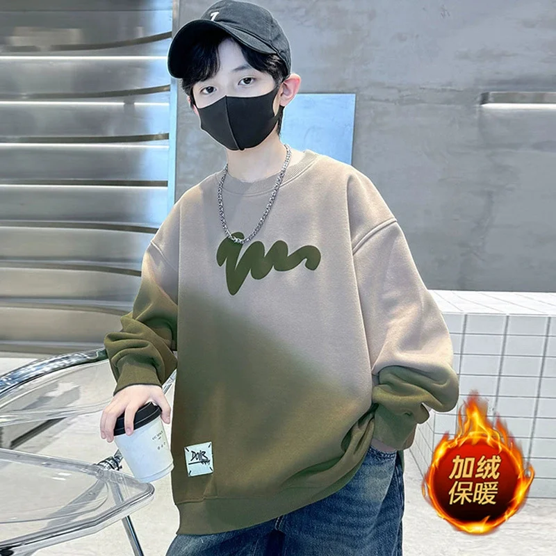 

Толстовки с подкладкой для мальчиков, детский флисовый пуловер, зимний теплый джемпер с длинными рукавами, осенний модный свободный топ с круглым вырезом, детская одежда