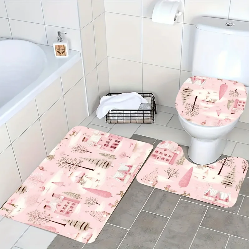 3PCs cute pink patterned bathroom set: non-slip, absorbent mats with toilet lid cover & U-shaped rug-soft, stylish for bathroo