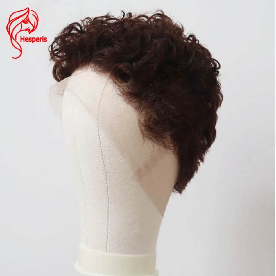 Hesperis Short Pixie Cut Full Lace Wig for Men Pre-Plucked Brown Curly Human Hair Male Wig Full Coverage Curl Wig for Boys