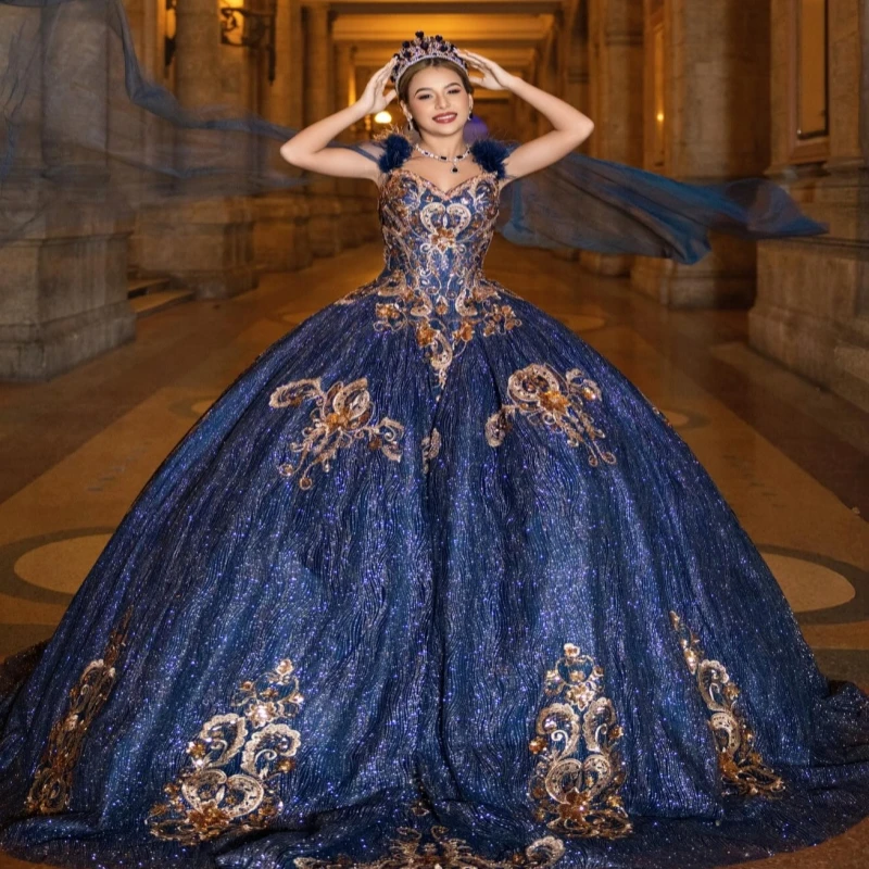 

Navy Blue Shiny Quinceanera Dresses Off The Shoulder Gold Applique Lace Beading Crystal Tull Corset Party Birthday Sweet 16 Dres