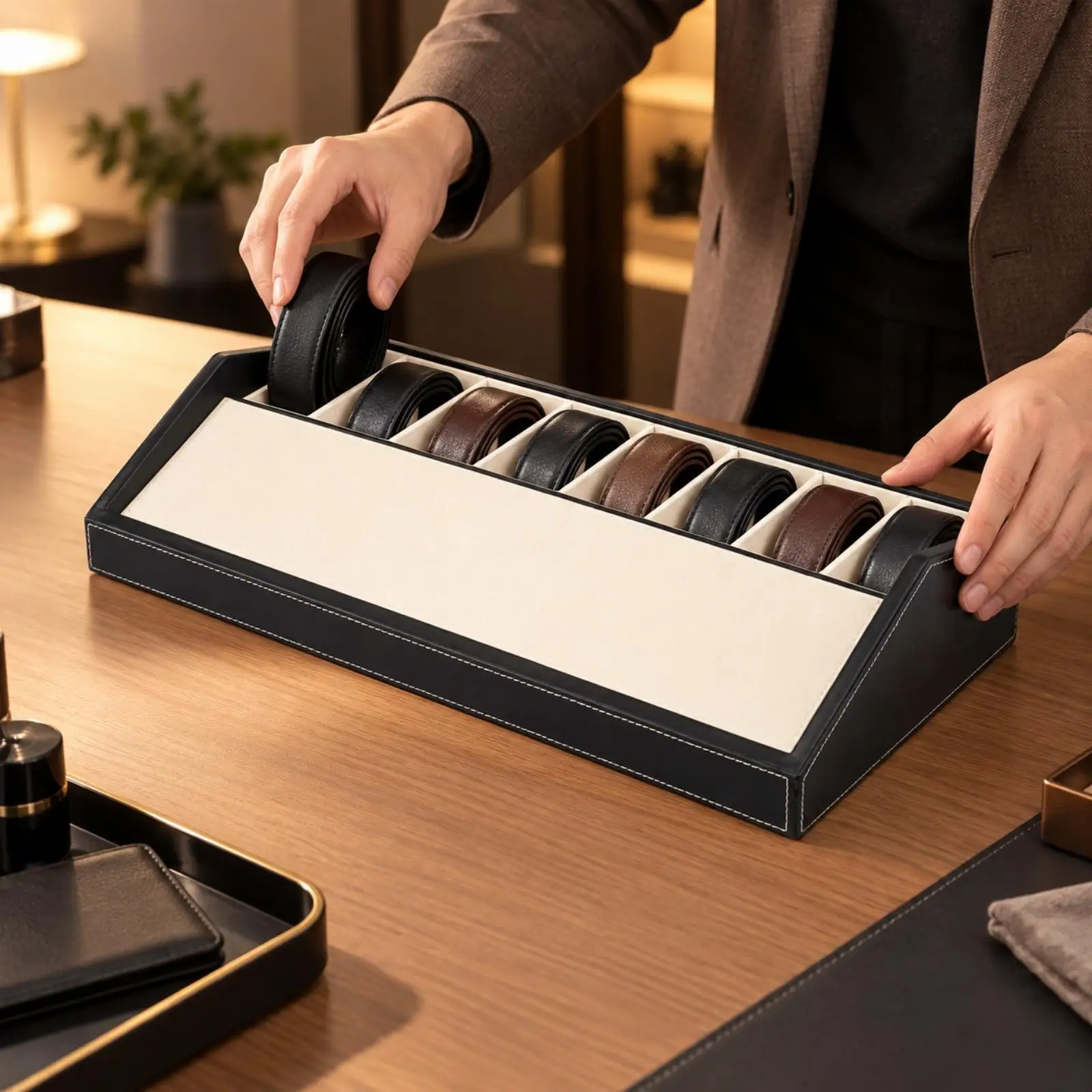Accessory Storage Tray Stitched Edges Belt Storage Organizer with 8 Compartments for Retail Sellers, Dressing Area