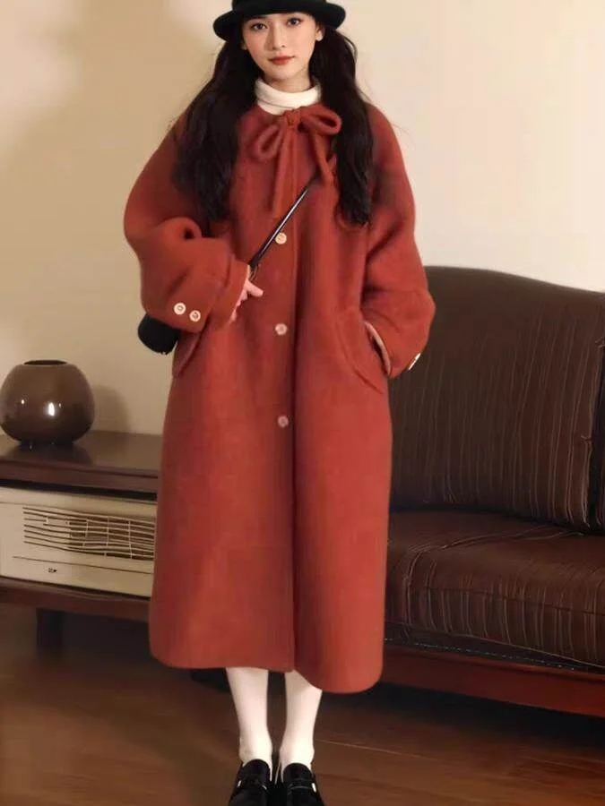 

plus Size Winter Thiened Warm Woolen Coat Women's Korean Sle Straight Cut Long Sve round Ne Open Front Pure Color Coat