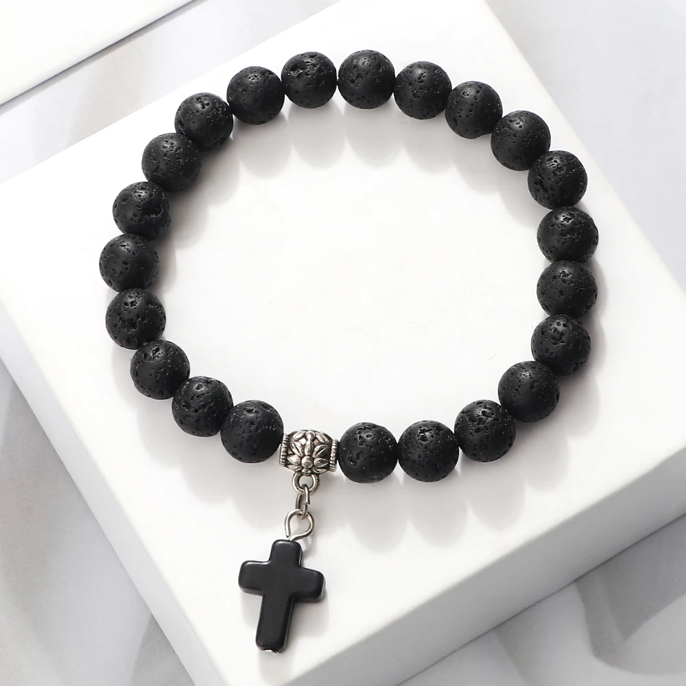 Natural Stone Cross Beaded Bracelets Charm Women Men Black Lava Rock Bead Onyx Stretch Strand Bracelet & Bangle Prayer Jewelry